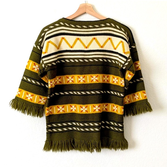 Vintage Handmade in Norway Knit Sweater Fringe Fair Isle 60s 70s Green Medium - Picture 1 of 4
